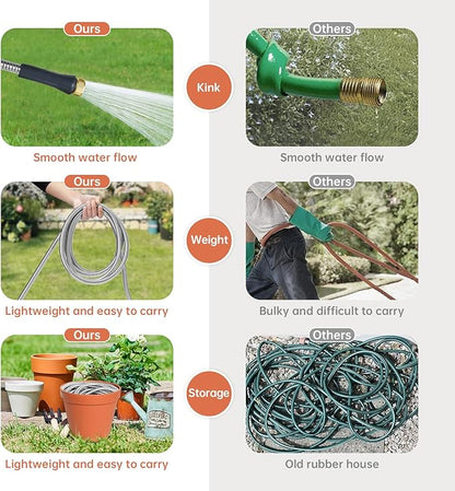 Stainless Steel Garden Hose 75 ft Heavy Duty Metal Water Hoses with 10 Function Water Hose Nozzles for Yard Outdoor