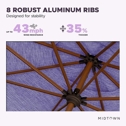 Midtown Umbrellas The Wooden 2-10 Feet Large Patio Umbrella, Terylast Purple Texture Fabric, Aluminum Frame For Backyard Umbrella, Deck Umbrella, Garden Umbrella & Pool Umbrella - Wooden Pole