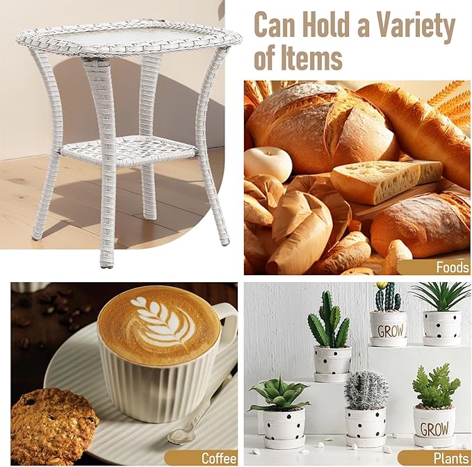 Outdoor Side Tables for Patio, Wicker/Rattan End Tables, Outdoor Wicker Side Table, Light Beige Rattan Glass Top Patio Side Table