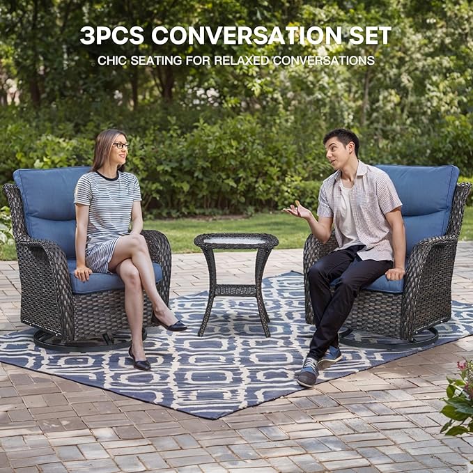 Patio Swivel Chairs with Smile-Shaped Cushions, 3 Piece High Back Patio Swivel Glider Chairs with Side Table 3PCS PE Rattan Luxury Swivel Patio Chair Set Brown Wicker - Blue Cushions