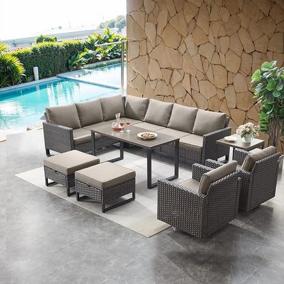 HUMMUH 10 Piece Patio Furniture Set PE Wicker 3 Outdoor Sectional Sofa Set with Patio Swivel Chairs Dinning Table Ottomans for Porch,Garden,Backyard,Deck(Brown/Grey)