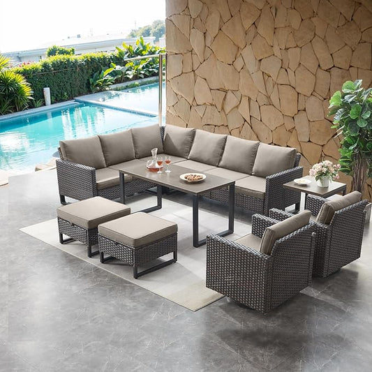 HUMMUH 10 Piece Patio Furniture Set PE Wicker 3 Outdoor Sectional Sofa Set with Patio Swivel Chairs Dinning Table Ottomans for Porch,Garden,Backyard,Deck(Brown/Grey)