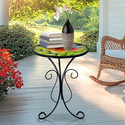 HONGLAND Outdoor Side Table, Small Outdoor Table, 12" Round Patio Side Table End Table, Glass Plant Stand, Small Bistro Coffee Table for Garden Patio Porch Living Room (Butterfly)