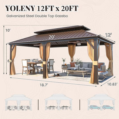 YOLENY 12' X 20' Hardtop Gazebo, Galvanized Steel Ventilation Double Roof Aluminum Frame, Curtains and Netting Included, Outdoor Gazebo for Garden, Patio, Lawns, Parties