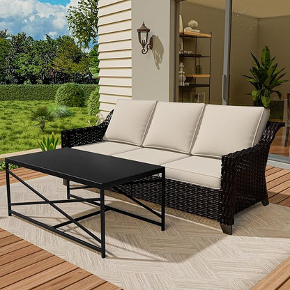 Vista Vibe 2 Pieces Outdoor Patio Conversation Furniture Set - 78" 3-seat Sofa | Metal Coffee Table, Deep Seat Loveseat, Removable Cushions, Hand-Woven PE Rattan Couch, Lawn (Brown/Beige)