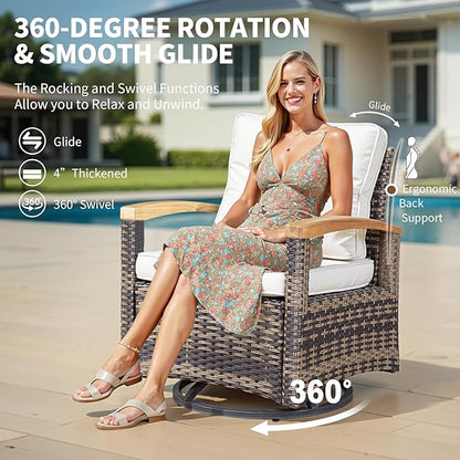 MEISSALIVVE 7 Pieces Patio Furniture Sets,PE Wicker Outdoor Furniture Conversation Sets with 2 Wood Armrests Swivel Rocker Chairs, 2 Ottoman, 3-seat Sofa and Coffee Table(Brown)
