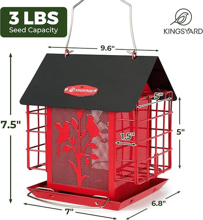 Kingsyard Metal Bird Feeder for Outdoor Hanging, Wild Bird Feeder with Double Suet Cage, Weatherproof Roof and 3 lbs Large Seed Capacity, Red
