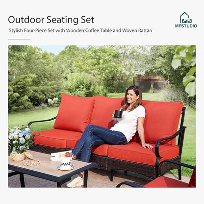 MFSTUDIO 4 Pieces Outdoor Patio Furniture Set, Metal Outdoor Conversation Set, Rattan Wicker Patio Sectional with 2 x Swivel Single Sofa, 3-Seat Sofa, 1 x Coffee Table, Red