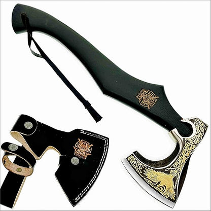 SHINY CRAFTS-Axes Handmade Viking Axe Hatchet Norse Axe-Carbon Steel Head and Golden Flying Eagle Design, Ash Wood Handle Viking Gifts for Men with Premium Quality Leather Sheath (SCA 20)