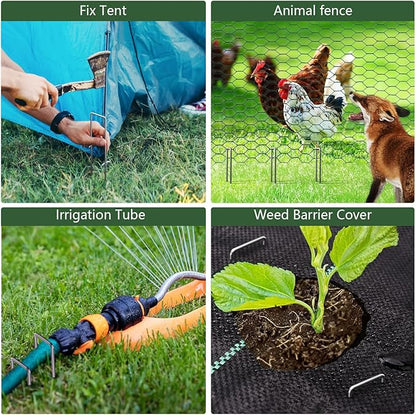 AMAGABELI GARDEN & HOME 6 Inch 100 Pack Galvanized Landscape Staples 11 Gauge Anti-Rust Heavy Duty Garden Staples Plant Cover Stakes U-Shaped Sod Pins Ground Fence Stakes for Weed Barrier Fabric