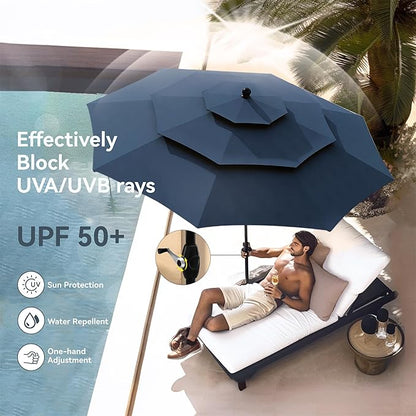 PHI VILLA Patio Dining Set 5 pcs with Umbrella(Navy Blue),1 Square Metal Table& 4 Metal Outdoor Stackable Chairs and 1 10ft 3 Tier Auto-tilt Umbrella (Base Not Included)