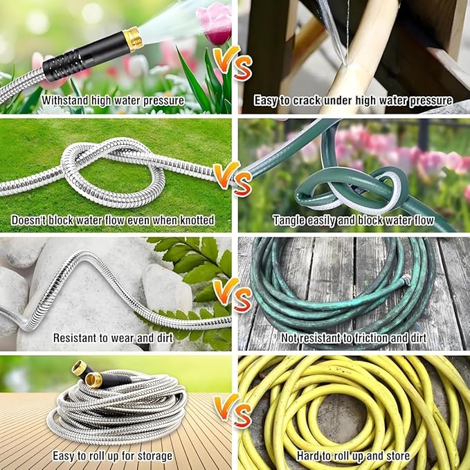 Garden Hose 50FT, Stainless Steel Water Hose with Nozzle, Flexible, Lightweight, Puncture Proof, Never Kink & Tangle, Heavy Duty Garden Hose for Yard and Outdoor