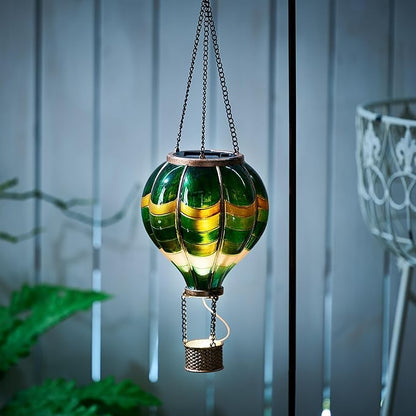 TERESA'S COLLECTIONS Hot Air Balloon Solar Lantern for Outdoor Garden Decor, Hanging Flickering Flame Outdoor Lights for Trees, Green St Patrick's Day Decorations for Party Father's Gift