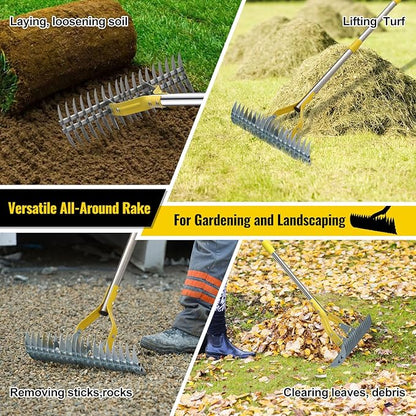 2 in 1 Rake: Stainless Steel Garden Rake for Leaves,Thatch,55” Heavy Duty 19 Tines Lawn Manual Dethatcher with Adjustable Head,Thatching Rakes for Lawn Yard Grass, Debris Removal, Soil Loosening