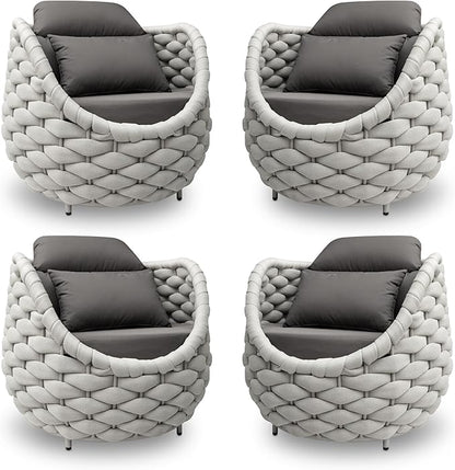 4 PCS Porch Furniture Chair: Patio Accent Chair Aluminum - Woven Rope Cushioned Armchair Assembled - Modern Lounge Single Chair - All Weather 400lbs for Deck Balcony Yard Garden Hotel Poolside