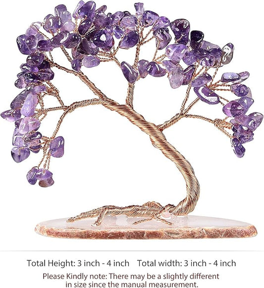TUMBEELLUWA Reiki Crystal Money Tree with Agate Slice Base Feng Shui Stone Bonsai Tree Figure Decor for Happiness Good Luck and Wealth, Amethyst