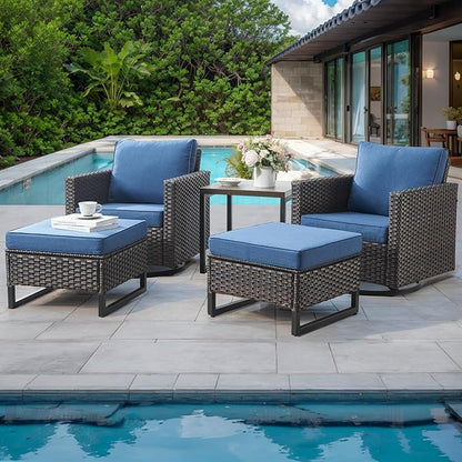 HUMMUH 9 Piece Patio Furniture Set Outdoor Sectional Sofa,High Back Patio Swivel Rocker Chairs with Ottomans Coffee Table for Porch,Garden,Backyard(Brown/Blue)