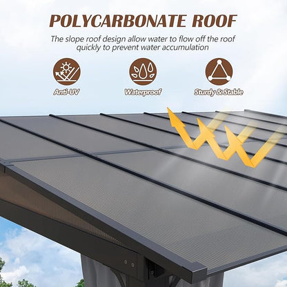 10 x13FT Outdoor Wall-Mounted Hardtop Gazebo, Aluminum Frame Lean to Gazebo with Polycarbonate Roof and Curtains for Patio, Garden, Deck