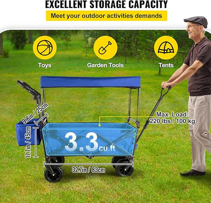 Happbuy Collapsible Wagon with Removable Canopy, 220lbs Heavy Duty Foldable Beach Wagon with Big Wheels