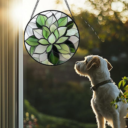 Stained Glass Window Hanging - Green Succulent Plants Suncatcher for Doors Garden Patio Floral Sun Catchers Decor Christmas Mother's Day Birthday Gifts for Women Men Mom Nana Friend 11.8 in