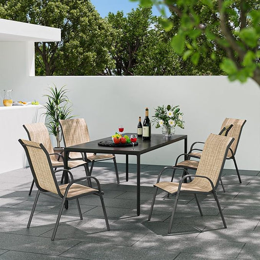 Patio Dining Chairs Set of 4, Stackable Dining Chairs High Back, Breathable Seat Fabric and Alloy Steel Frame Fit Backyard, Porch, Lawn，Poolside (Beige)