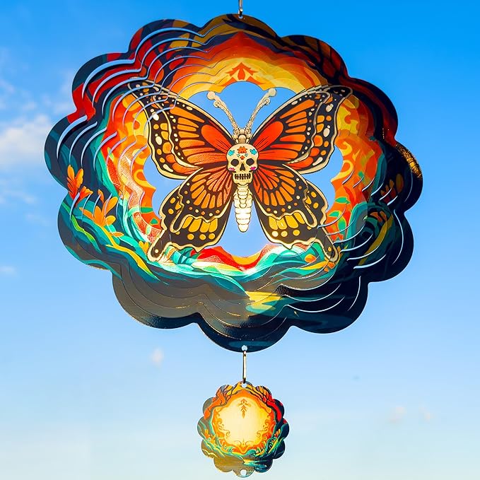 Halloween Wind Spinners Outdoor, 3D Skull Butterfly Wind Spinner 14x12 inches, Kinetic, Stainless Steel Metal, Halloween Decorations Outdoor, Yard Decor, Gift