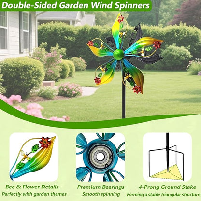 Wind Spinners Outdoor,Kinetic Wind Sculptures & Spinners, 57" Double-Side Metal Wind Spinner for Yard and Garden, Lawn Art Decorations Flower & Bee