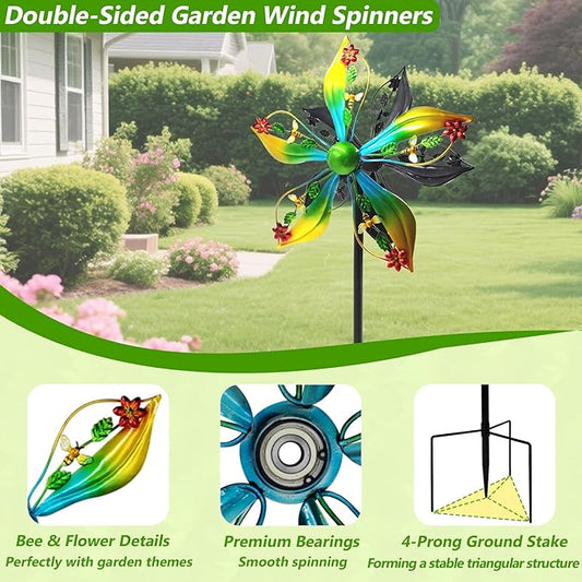 Wind Spinners Outdoor,Kinetic Wind Sculptures & Spinners, 57" Double-Side Metal Wind Spinner for Yard and Garden, Lawn Art Decorations Flower & Bee