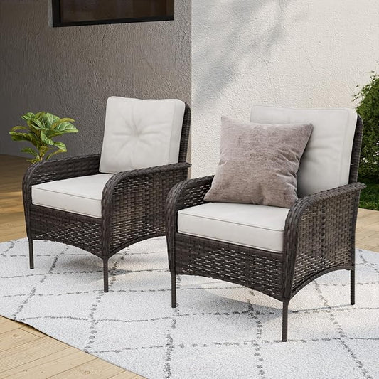 COOS BAY Vintage Courtyard Patio Chairs, Wicker Armchairs, Rattan Patio Dining Set of 2, Outdoor Seating for Deck or Balcony, Gray/Beige