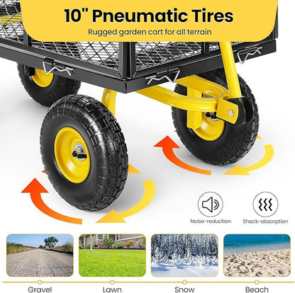 TEANDE Garden Cart, Heavy Duty 880 Lbs Capacity Mesh Steel Garden Cart with Removable Sides to Convert into Flatbed, Utility Metal Wagon with 180° Rotating Handle and 10 in Tires