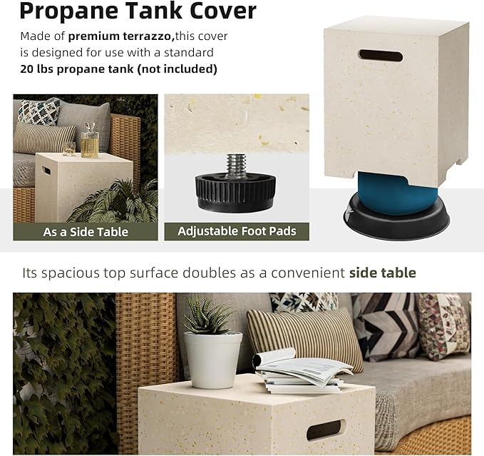 UPHA 42-inch Outdoor Propane Gas Fire Pit Table 50000 BTU Concrete Round FirePit for Outside Patio with Propane Tank Cover, White Glass Rocks, Rain Cover,Beige