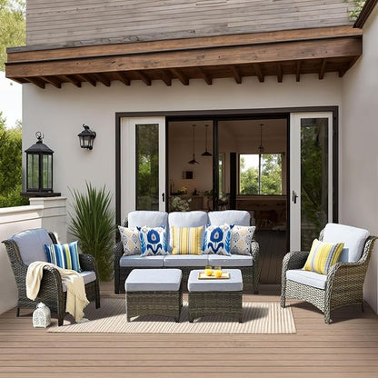 HOOOWOOO Patio Furniture Set,5 Piece Outdoor Furniture Set,Wicker Patio Conversation Couch Chairs Ottoman Set,Light Gray