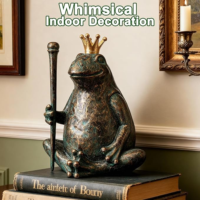 Frog Garden Statue,11.5" H×9.8" L Animal Figurines Garden Decor, Weather-Resistant Outdoor & Indoor Sculptures & Statues for Home,Patio,Yard and Entryway-Seated Frog with Scepter