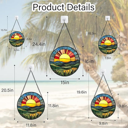 Stained Glass Window Hanging, Golden Red Sun Green Mountain Suncatcher for Window Home Decor Nature Landscape Sun Catcher Mother's Day Birthday Gifts for Women Men Mom Nana 11.8 in