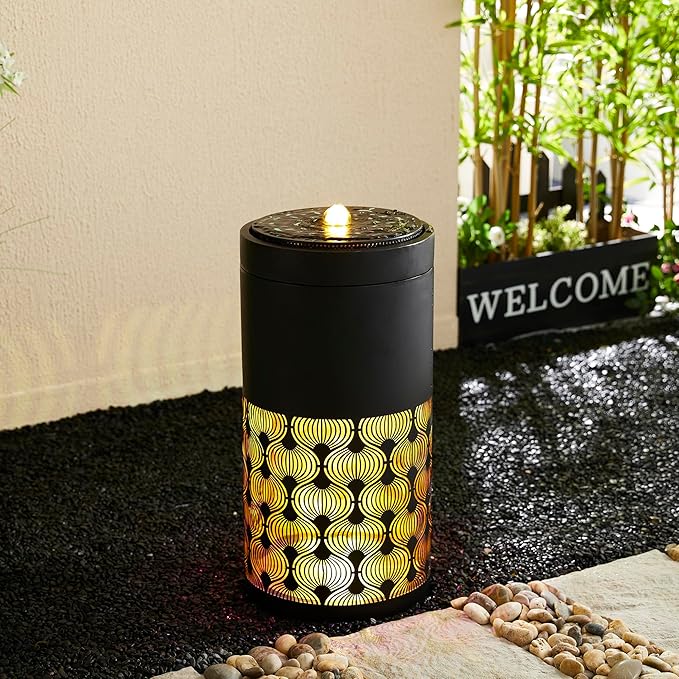 Glitzhome Metal Cutout Water Fountain with Pump, Adapter and LED Light, Modern Black Cutout Bird Bath Garden Outdoor Fountain and Waterfalls 24''H, Freestanding Fountains for Patio Backyard Decor