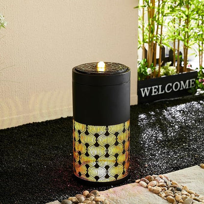 Glitzhome Metal Cutout Water Fountain with Pump, Adapter and LED Light, Modern Black Cutout Bird Bath Garden Outdoor Fountain and Waterfalls 24''H, Freestanding Fountains for Patio Backyard Decor