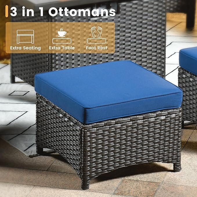 HOOOWOOO Patio Furniture Set,5 Piece Outdoor Furniture Set,Wicker Patio Conversation Couch Chairs Ottoman Set,Navy Blue