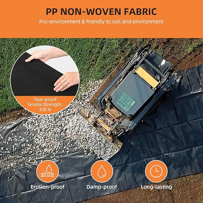 Towallmark Geotextile Landscape, 6ft x 300ft & 6oz Geotextile Fabric, PP Drainage 350N Tensile Strength & 440N Load Capacity, for Driveway & Road Stabilizationr, Erosion Control, French Drains