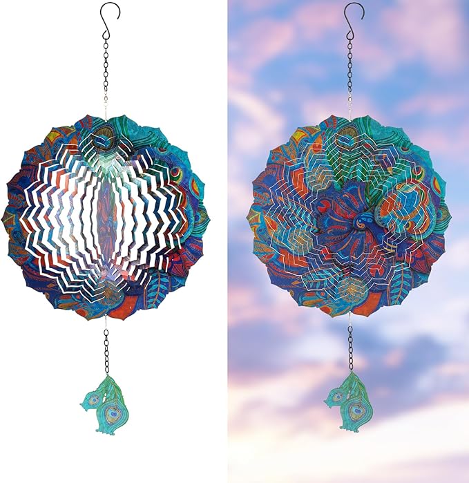 Peacock Hanging Wind Spinner Outdoor - Peacock Gifts for Mom Women Grandma, Metal 12-Inch 3D Laser Cut Metal Kinetic Wind Spinners Clearance Waterproof for Yard Patio Garden Art/Indoor Decor