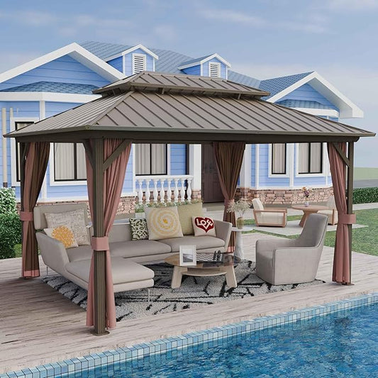 12'x14' Hardtop Gazebo, Outdoor Aluminum Frame Galvanized Steel Double Roof Pavilion with Netting and Shaded Curtains, Permanent Metal Pergolas for Patio, Backyard, Deck and Lawns.