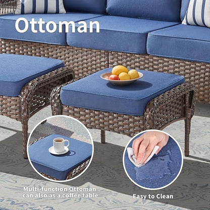 7 Pieces Patio Furniture Set Outdoor Sectional Sofa Couch with 4 Rocking Swivel Chairs 5" Deep Seat Chairs, Modern Wicker Rattan Conversation Set, Blue/Brown Wicker