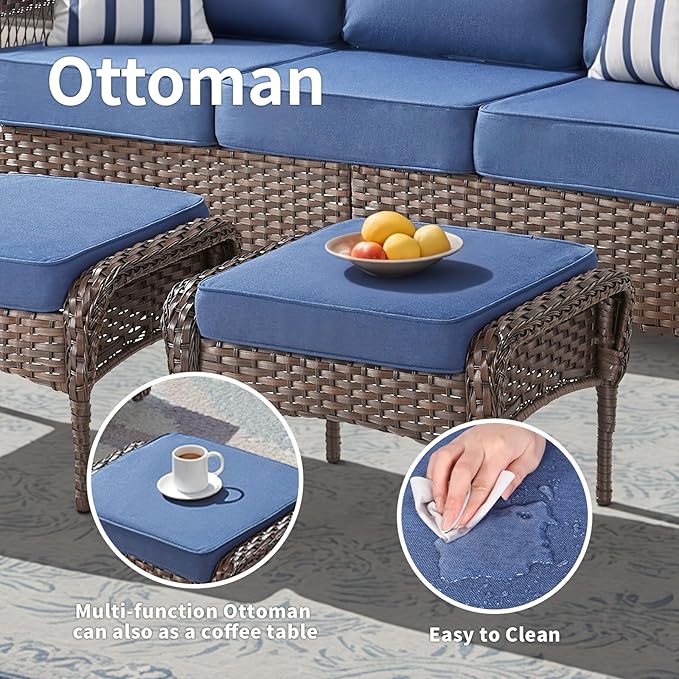 5 Pieces Patio Furniture Set Outdoor Sectional Sofa Couch with Rocking Swivel Chairs 5" Deep Seat Chairs, Modern Wicker Rattan Conversation Set, Blue/Brown Wicker