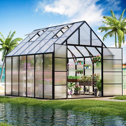 CDCASA 12x10x10 FT Greenhouse for Outdoors, Easy Assembly Large Aluminum Heavy Duty Polycarbonate Greenhouses Kit w/2 Windows, Swing Door, Outsides Walk-in Green House Sunroom for Backyard Garden