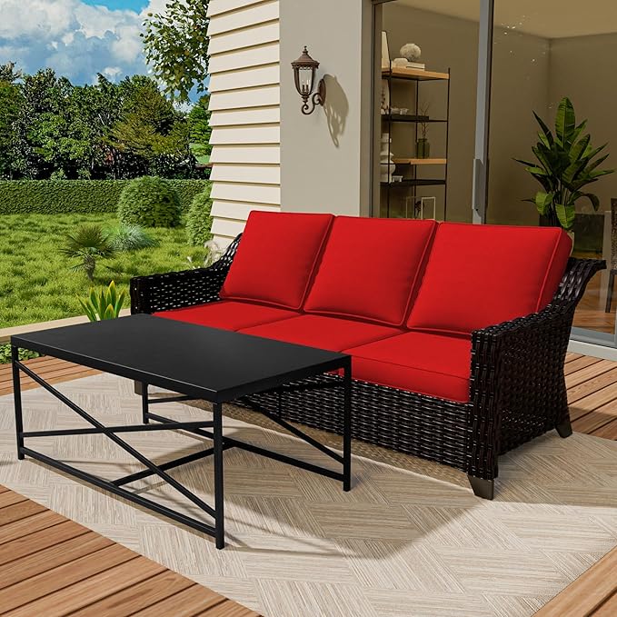 Vista Vibe 2 Pieces Outdoor Patio Conversation Furniture Set - 78" 3-seat Sofa | Metal Coffee Table, Deep Seat Loveseat, Removable Cushions, Hand-Woven PE Rattan Couch, Lawn (Brown/Red)