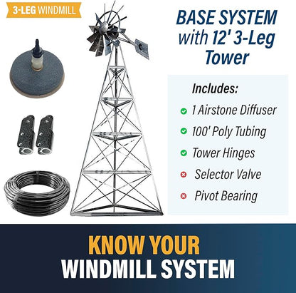 Outdoor Water Solutions AWS0011 12-Foot Windmill Pond Aerator – Galvanized 3-Legged Aeration System – 4.5 CFM Output – BalCam Technology – Aerates Ponds Up to 1 Acre