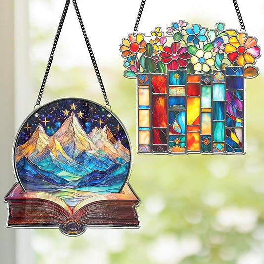 2 Book Floral Shelf Suncatchers Window Hanging Acrylic Ornaments Back to School Teacher Appreciation Gifts, Book Lover Gifts for Women Librarians Readers Bookshelf Decor for Home Library SS345