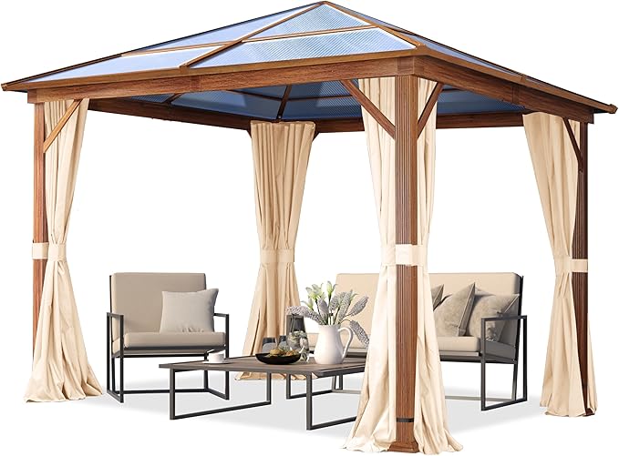 TOOLPORT Hardtop Gazebo 10x10 ft with Polycarbonate Roof - Wood-Like Finish - 4 Side Panels in Champagne
