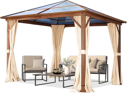 TOOLPORT Hardtop Gazebo 10x10 ft with Polycarbonate Roof - Wood-Like Finish - 4 Side Panels in Champagne