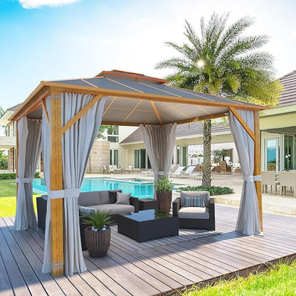 MELLCOM 10x12FT Hardtop Gazebo, Wooden Finish Coated Aluminum Patio Gazebo with Aluminum Composite Double Roof for Patio Lawn and Garden, Curtains and Netting Included