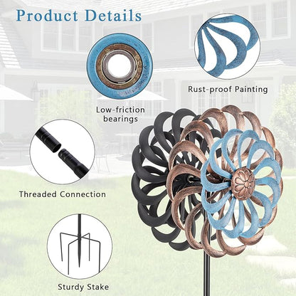 Metal Wind Spinners Outdoor, 14 Inch Dia Kinetic Wind Sculptures & Spinners with Stake, 61" H Windmill Yard Art Decor for Patio Lawn Garden, Copper Blue
